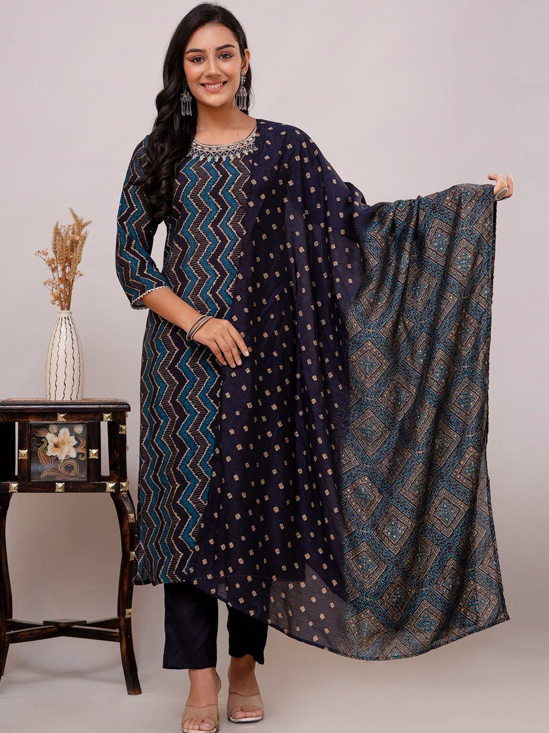 kohsh women blue printed regular sequinned kurta with trousers & with dupatta