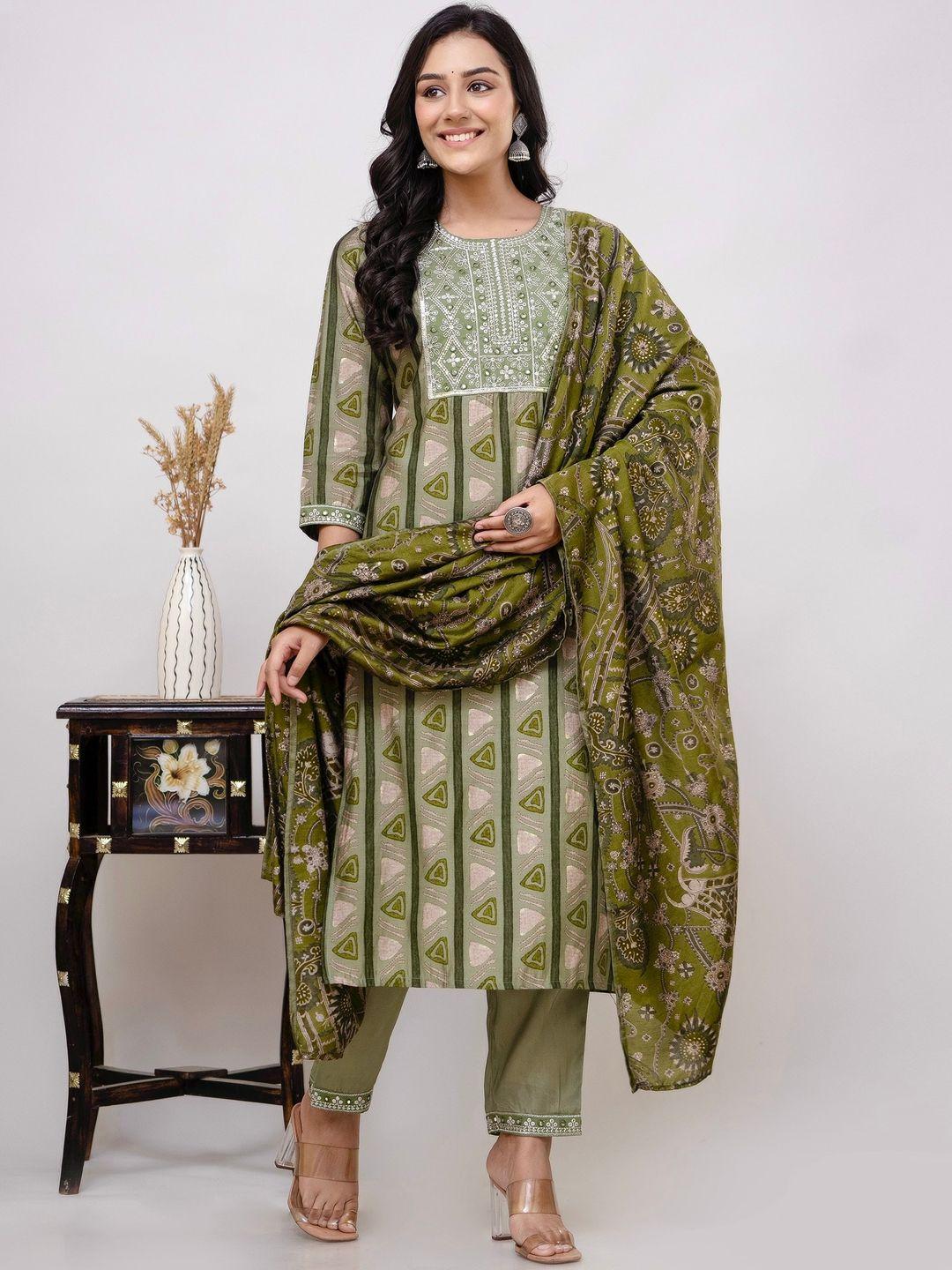 kohsh women green printed regular mirror work kurta with trousers & with dupatta