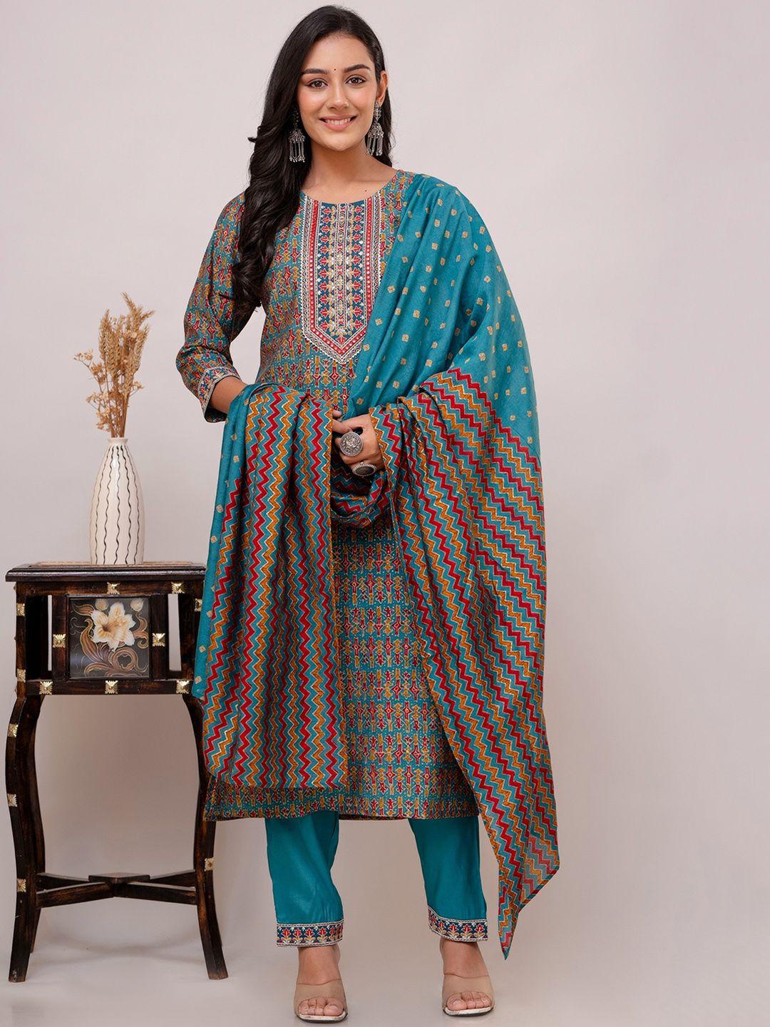 kohsh ethnic motifs printed gotta patti straight kurta with trousers & dupatta