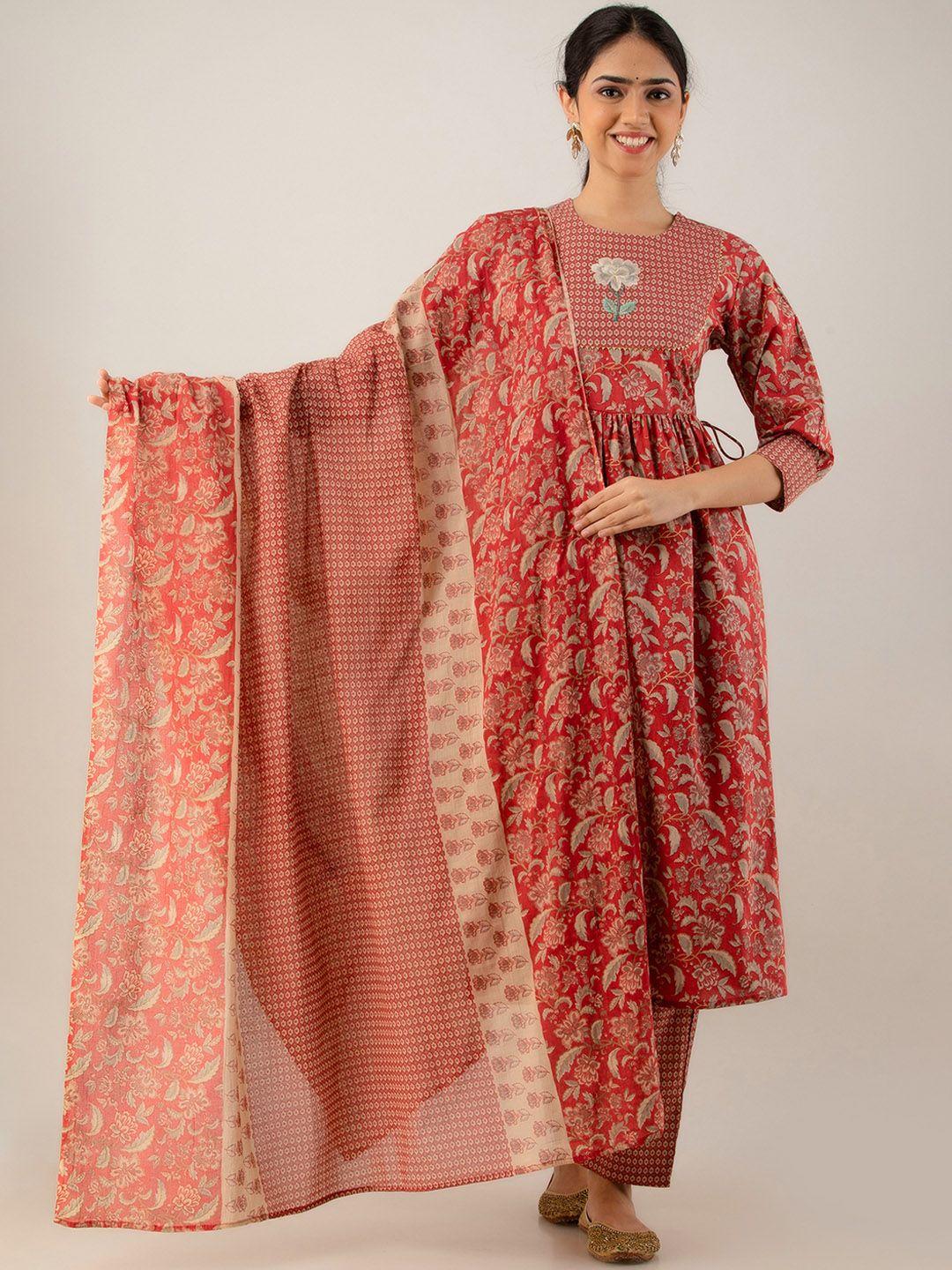 kohsh floral printed high slit thread work pure cotton kurta with trousers & with dupatta