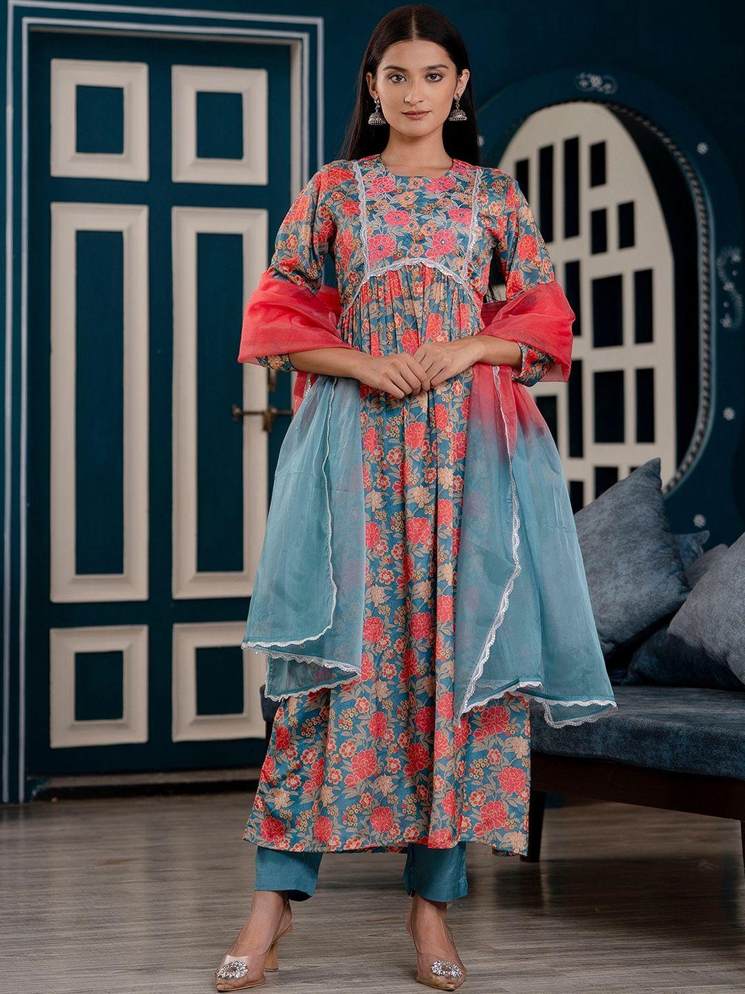 kohsh floral printed mirror work detailed empire a-line kurta & trouser with dupatta