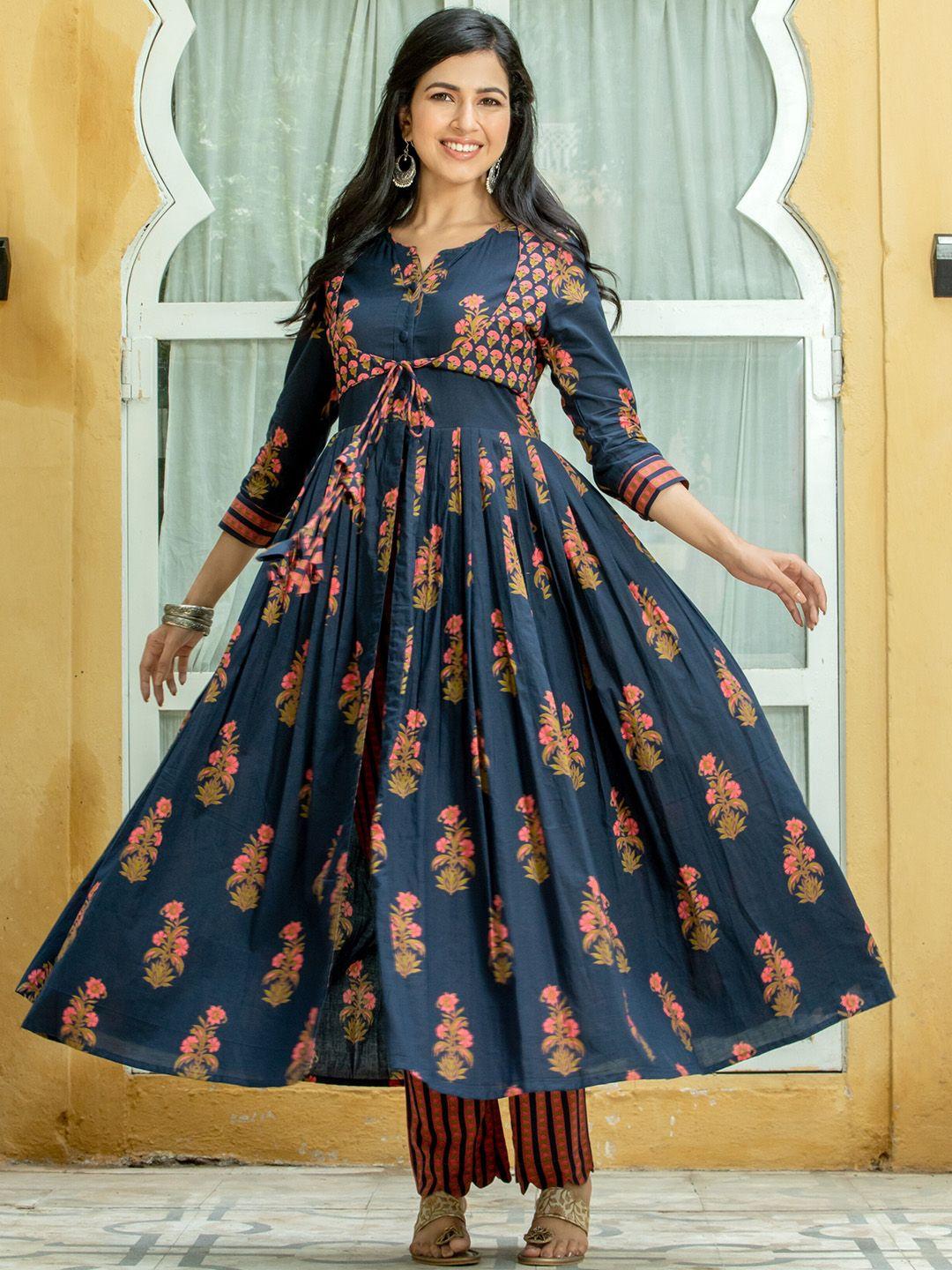 kohsh floral printed pleated anarkali pure cotton kurta with trousers