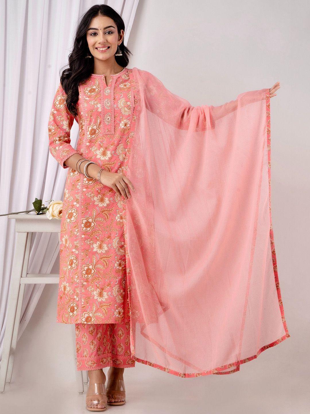 kohsh floral printed pure cotton kurta with trousers & with dupatta
