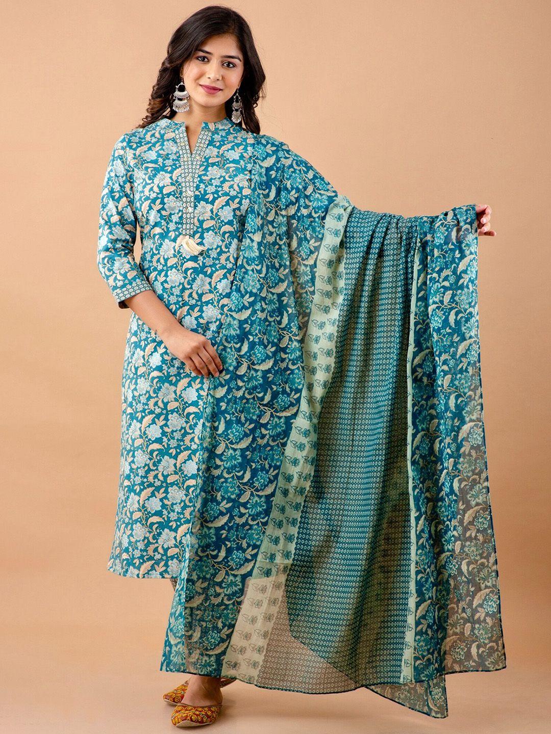 kohsh floral printed regular sequinned pure cotton kurta with trousers & with dupatta