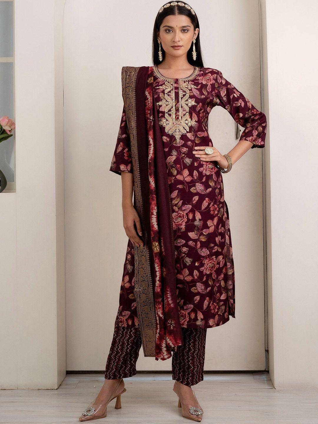 kohsh floral printed zari straight kurta with trousers & dupatta