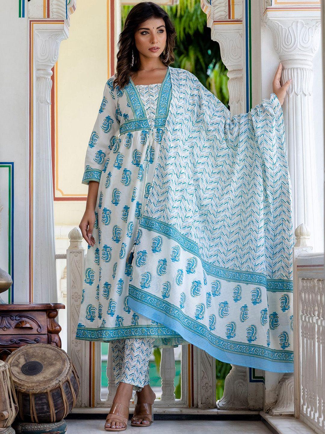 kohsh women blue floral printed empire beads and stones pure cotton kurta with trousers & with dupatta