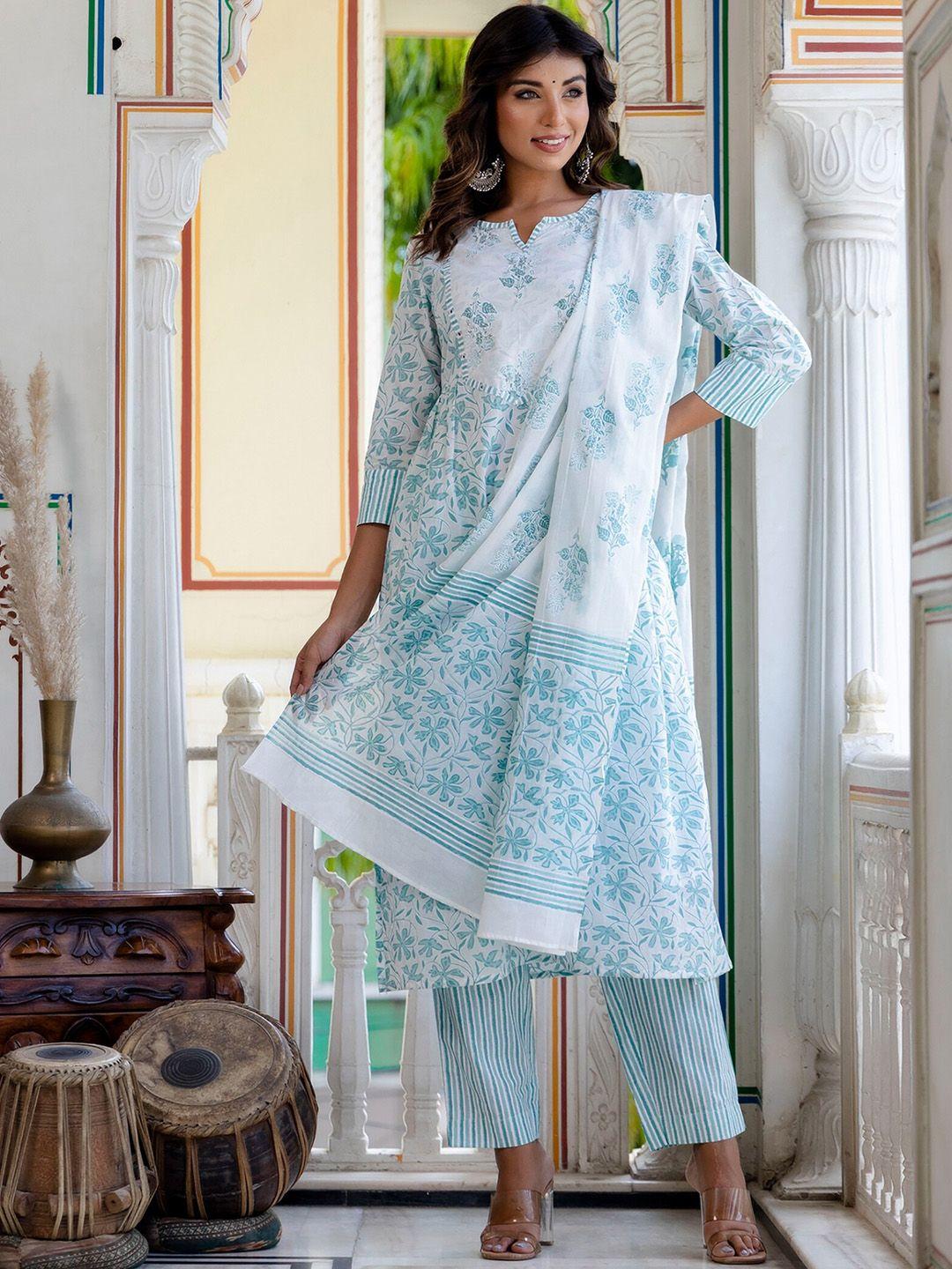 kohsh women blue floral printed pleated beads and stones pure cotton kurta with trousers & with dupatta