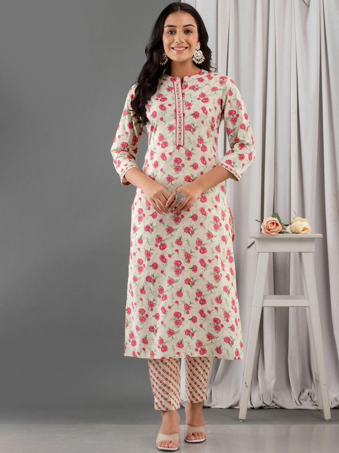 kohsh women cream-coloured floral printed regular thread work pure cotton kurta with trousers & with dupatta