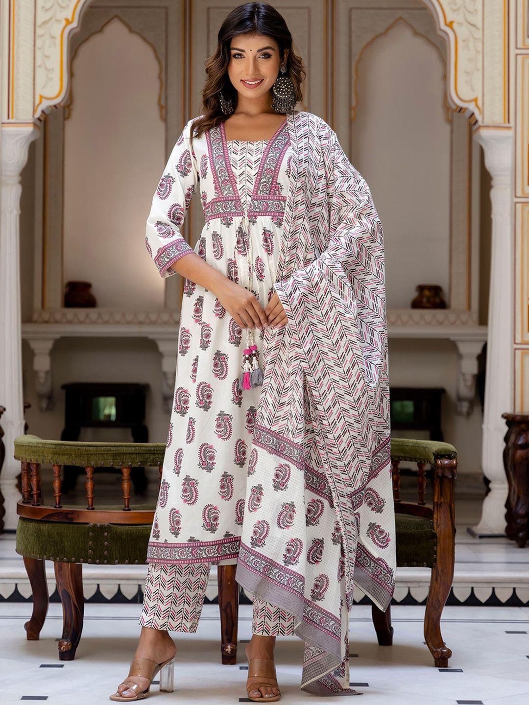 kohsh women pink floral printed empire beads and stones pure cotton kurta with trousers & with dupatta