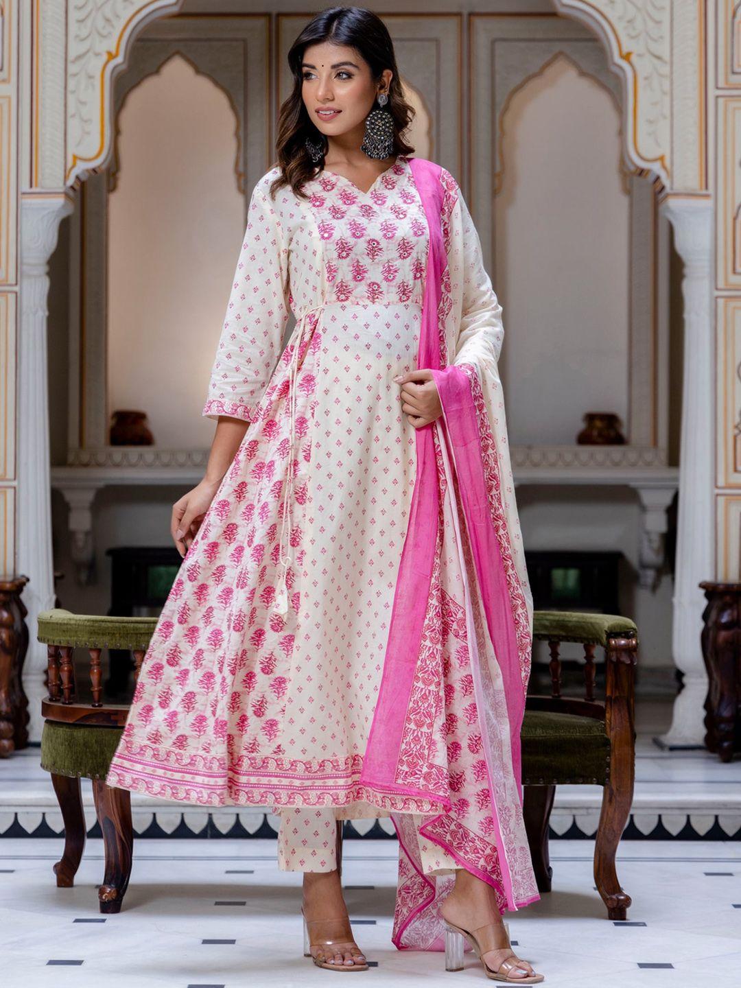kohsh women pink floral printed panelled mirror work pure cotton kurta with trousers & with dupatta