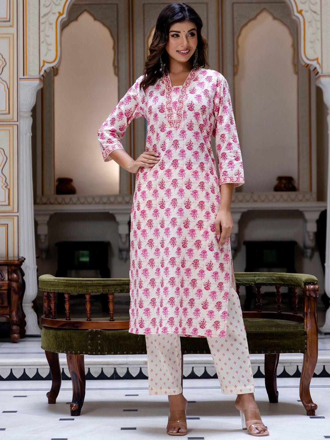 kohsh women pink floral printed regular mirror work pure cotton kurta with trousers & with dupatta