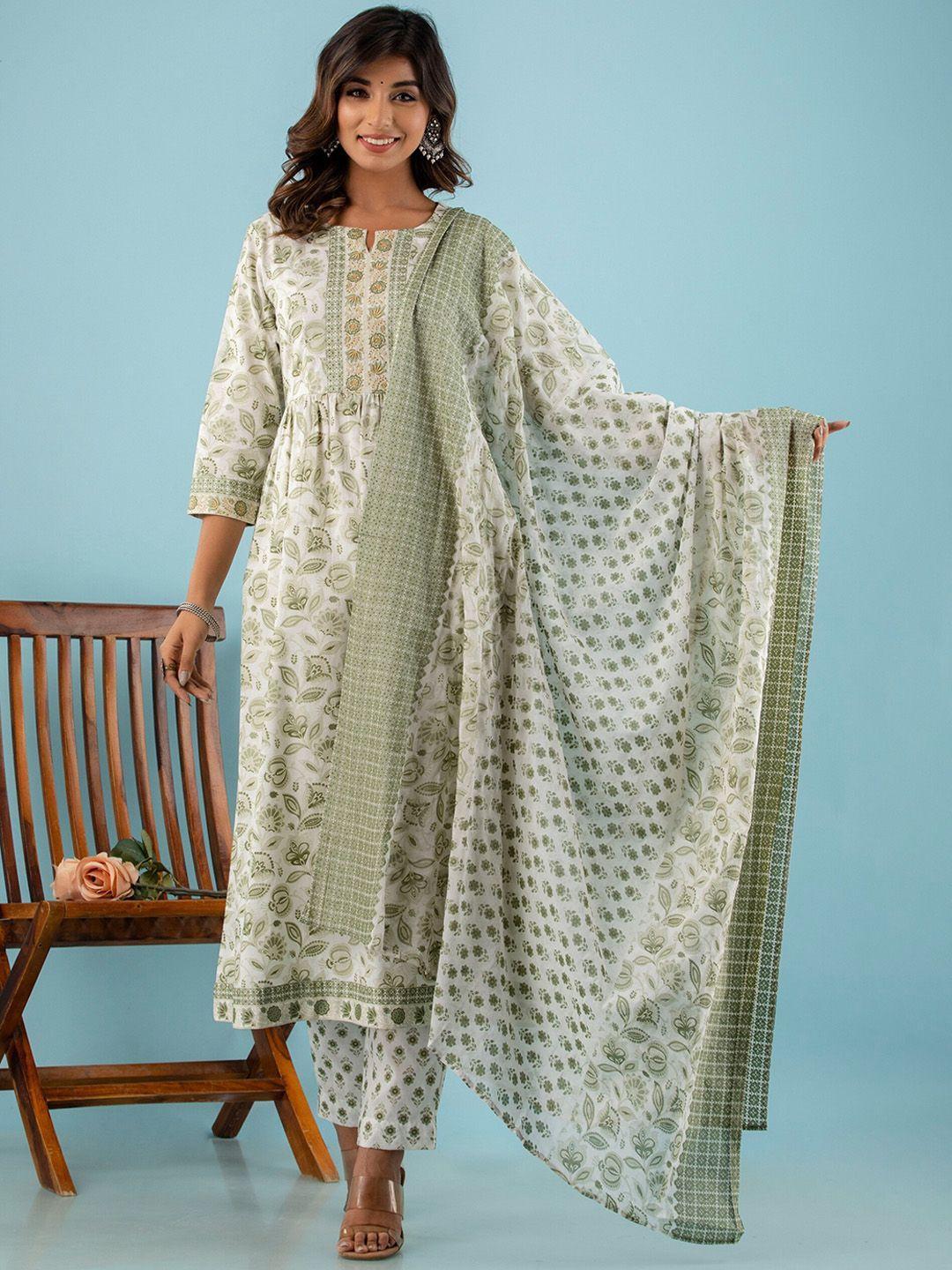 kohsh women white floral printed regular pure cotton kurta with trousers & with dupatta