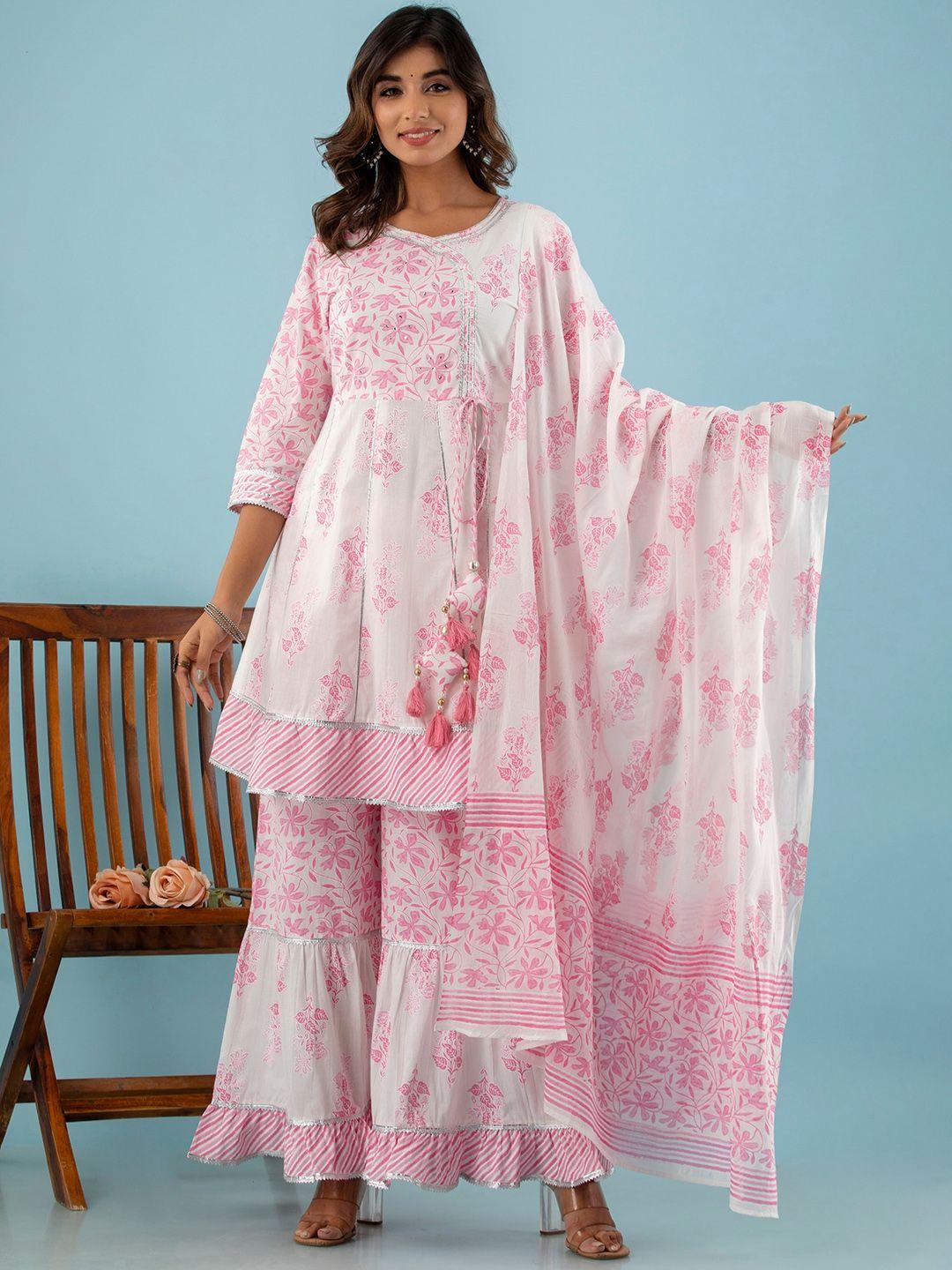 kohsh women white floral printed regular sequinned pure cotton kurta with sharara & with dupatta