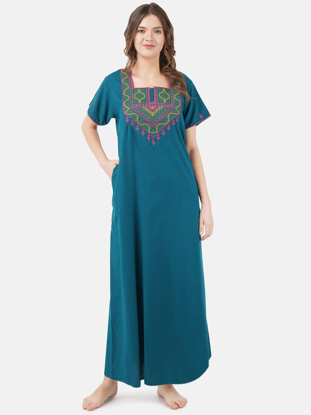 koi sleepwear blue embroidered cotton maxi nightdress