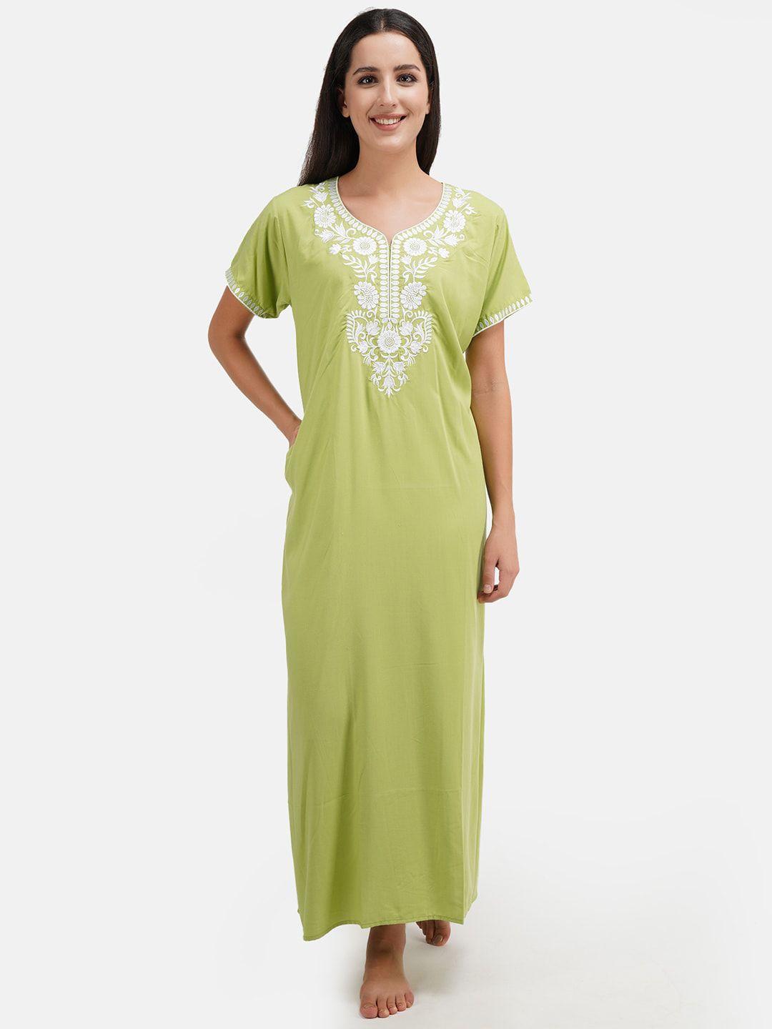 koi sleepwear green & white embroidered lissybissy cotton maxi nightdress