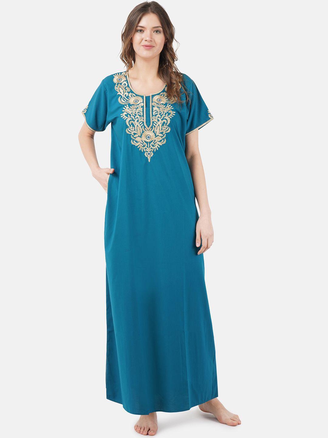 koi sleepwear woman blue embroidered cotton nightdress with pockets