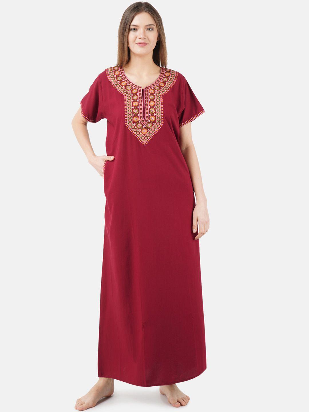 koi sleepwear woman maroon & pink cotton embroidered maxi nightdress