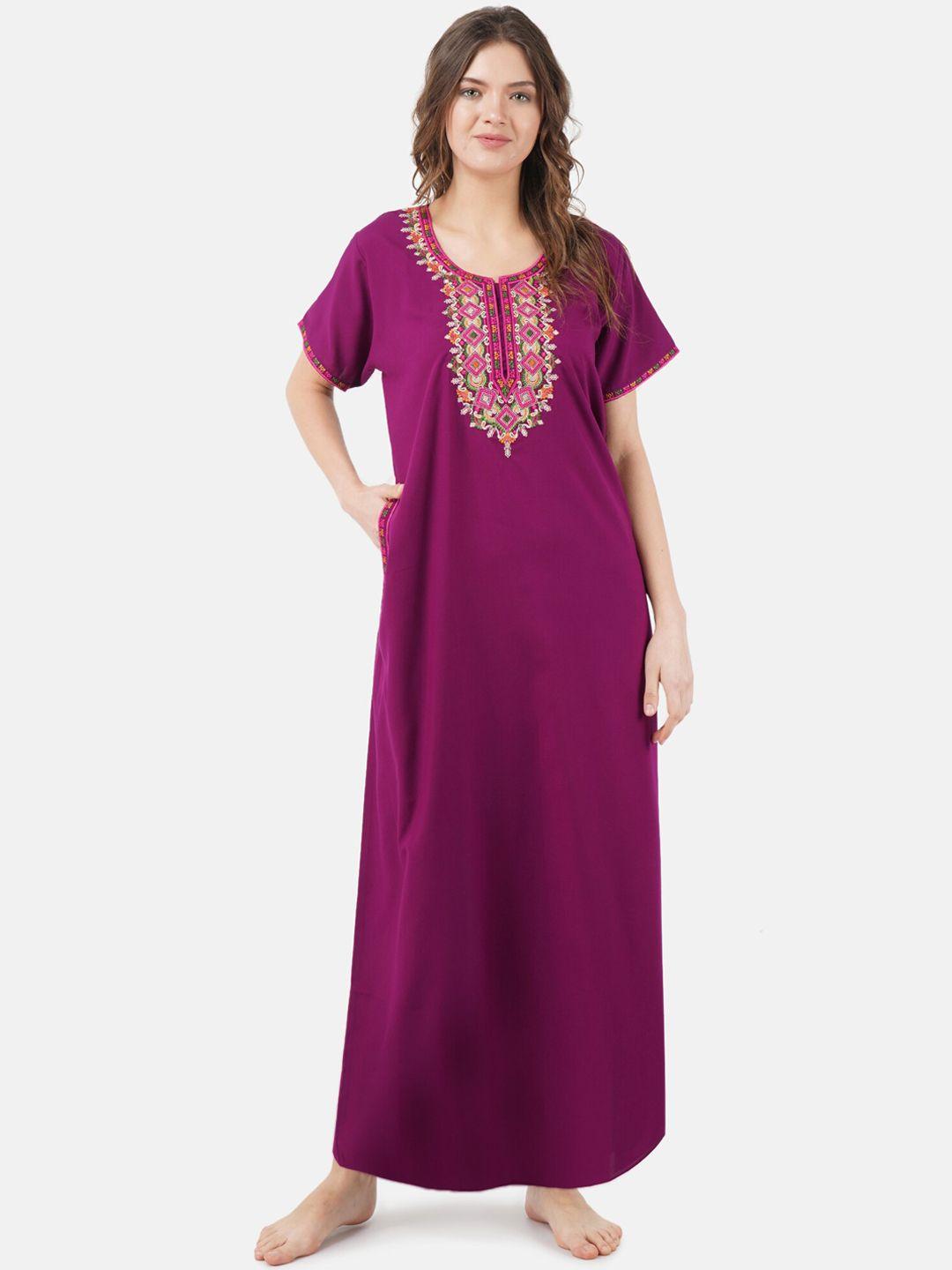 koi sleepwear woman purple embroidered cotton maxi nightdress with pockets