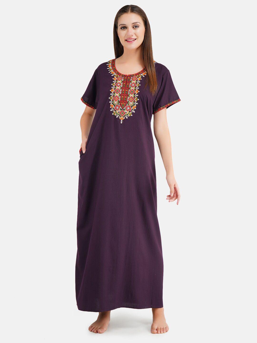 koi sleepwear woman purple embroidered maxi cotton nightdress with pockets