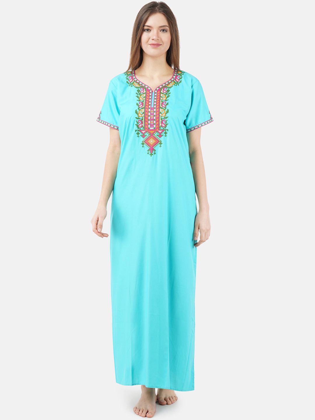 koi sleepwear woman turquoise blue embroidered cotton maxi nightdress