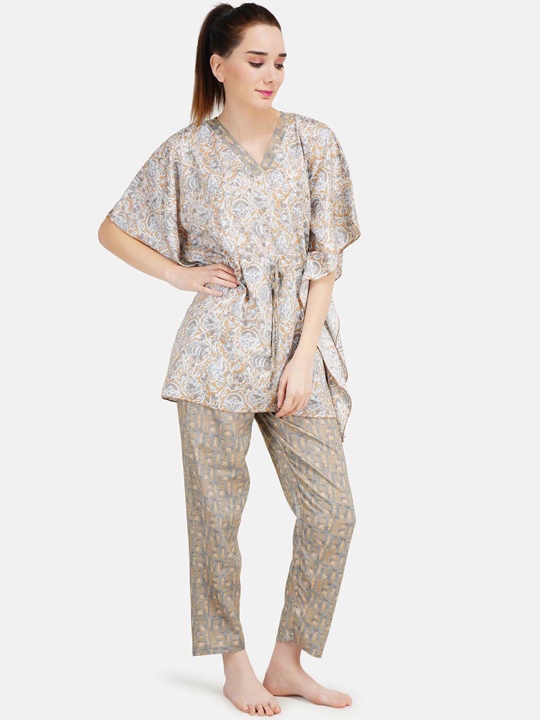 koi sleepwear women brown & grey printed kaftan night suit