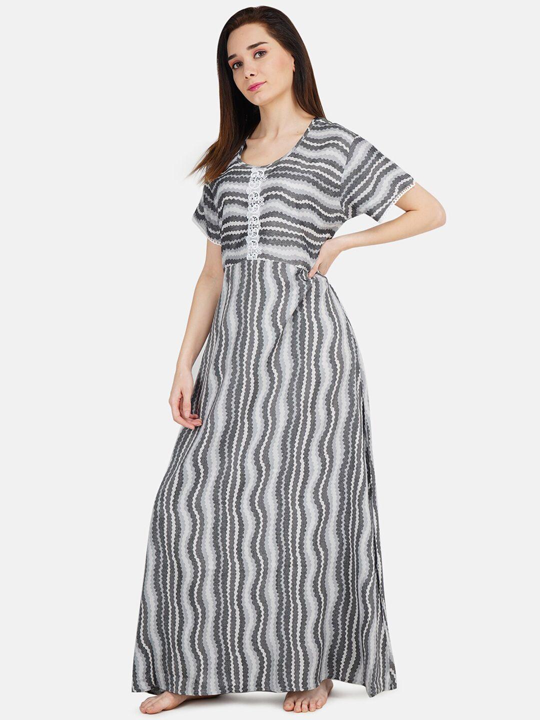 koi sleepwear women grey stripped with white lace maxi nightdress