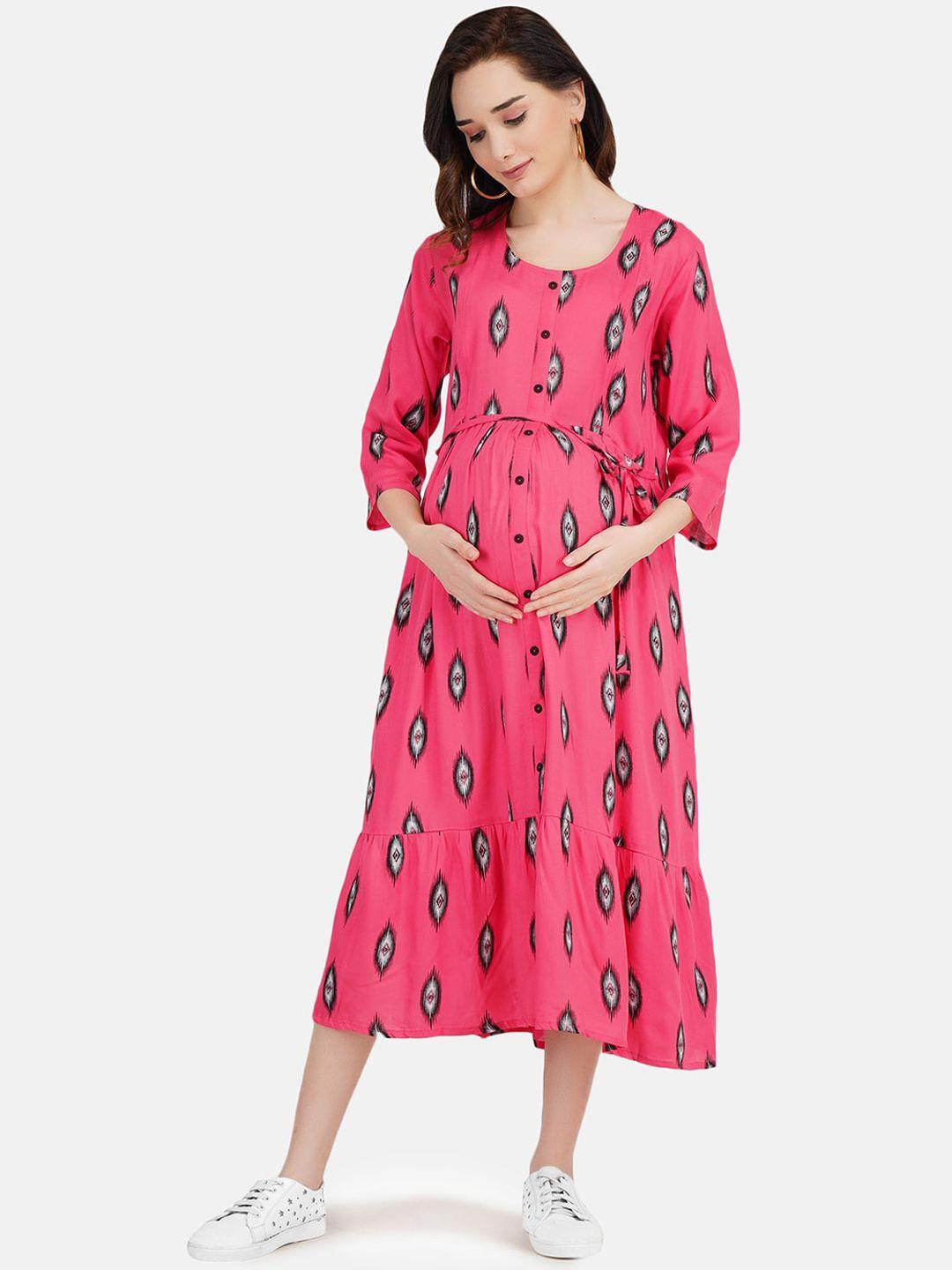 koi sleepwear women pink ethnic motifs maternity a-line midi dress with feeding pockets