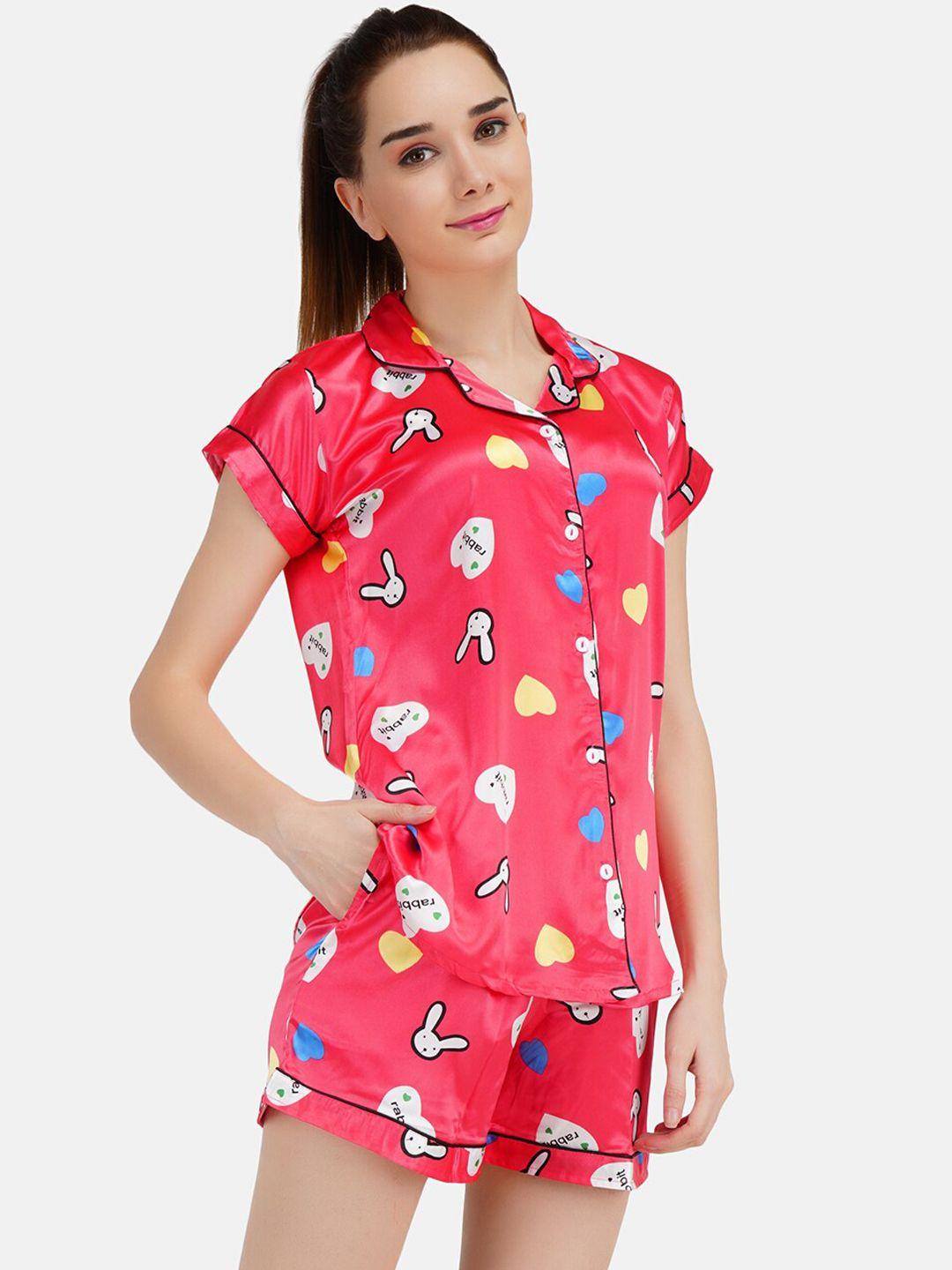 koi sleepwear women red satin short nightsuit with cute rabbit heart pattern