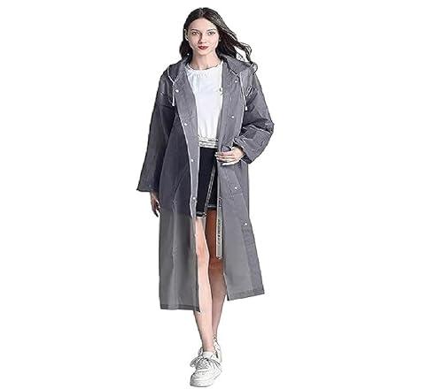 kolva women eva plain transparent rain coat hooded outdoor water resistant portable raincoat (grey) (medium)