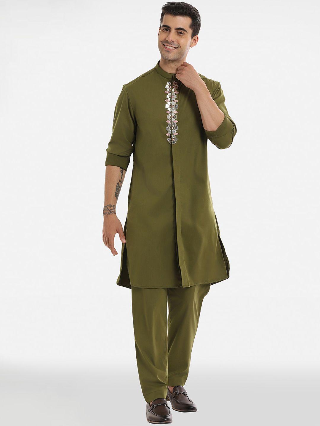 komal kothari band collar mirror work pure cotton kurta with pyjamas