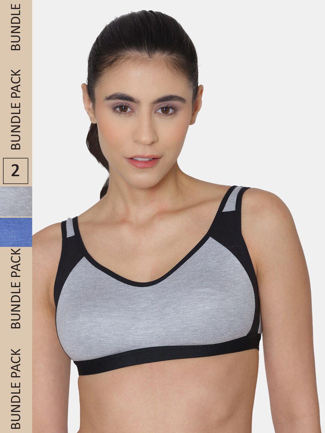 komli pack of 2 colourblocked cotton medium support all day comfort racerback seamless bra