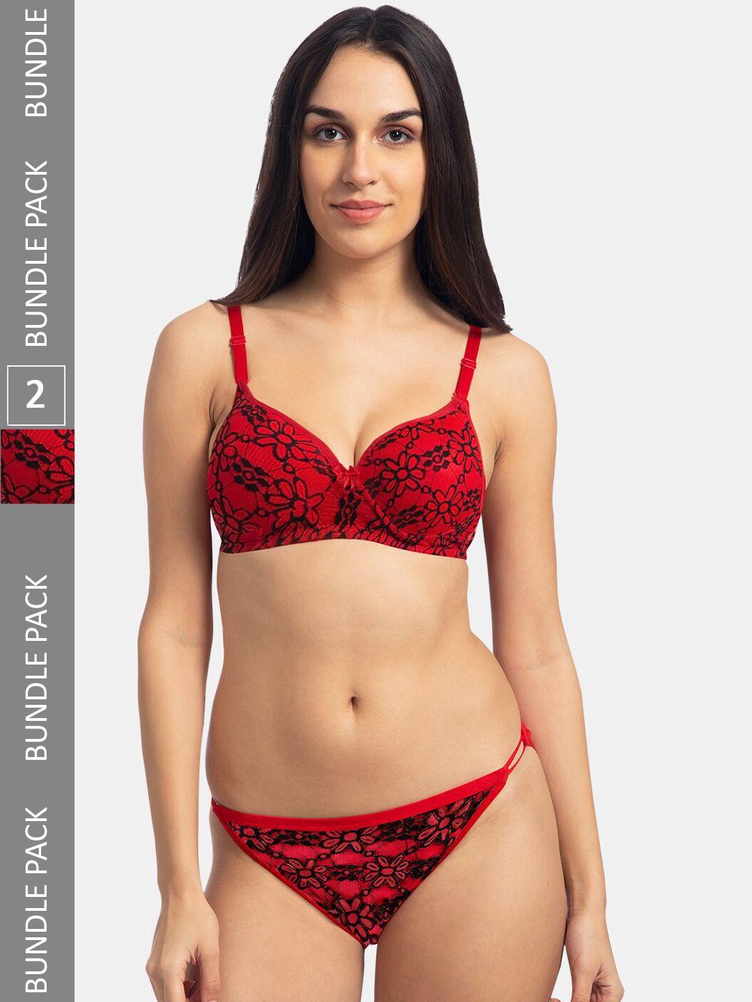 komli pack of 2 printed heavily padded cotton lingerie set k-907-2pc-rd