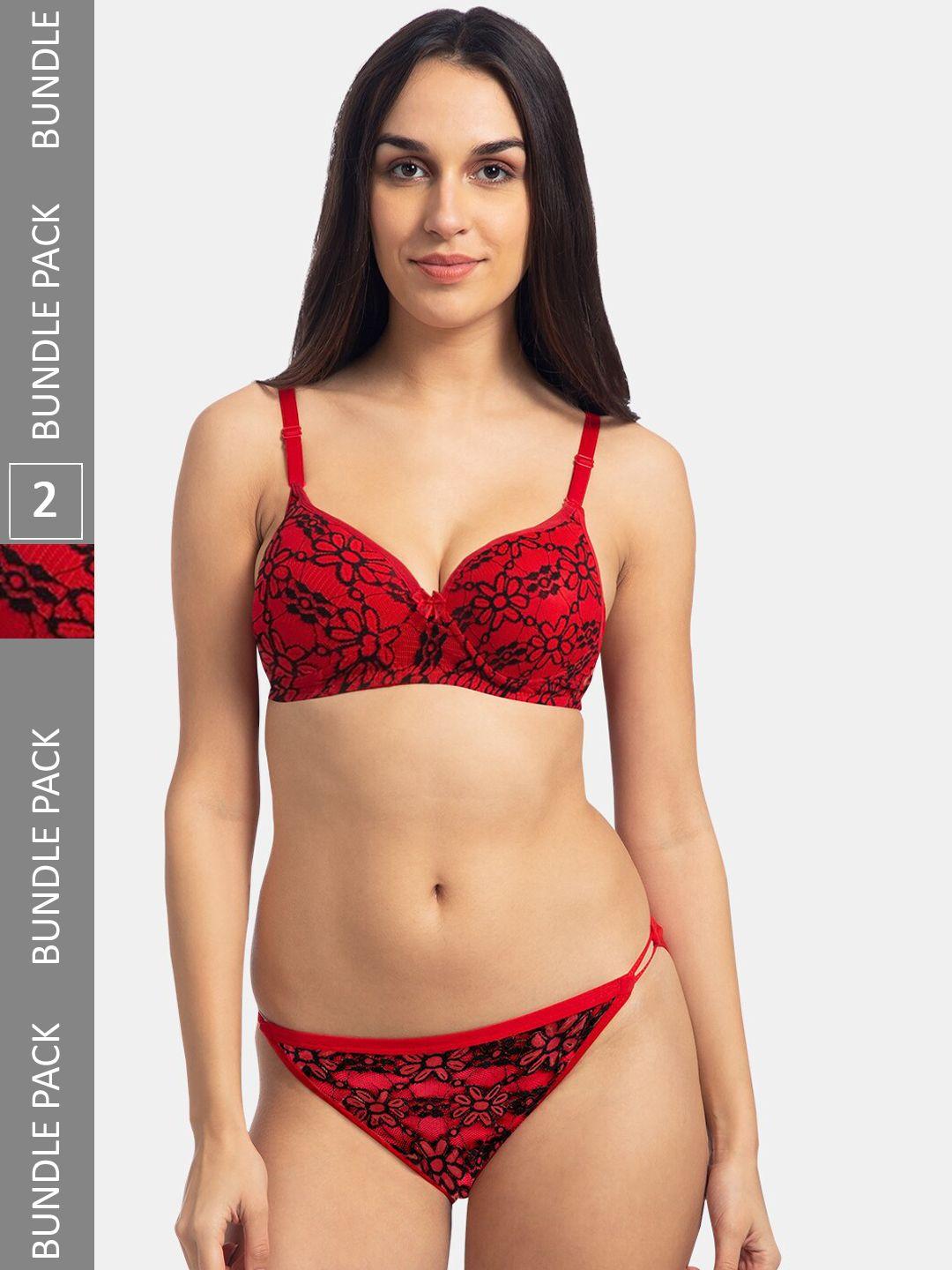 komli pack of 2 printed lightly padded cotton lingerie set k-908-2pc-rd