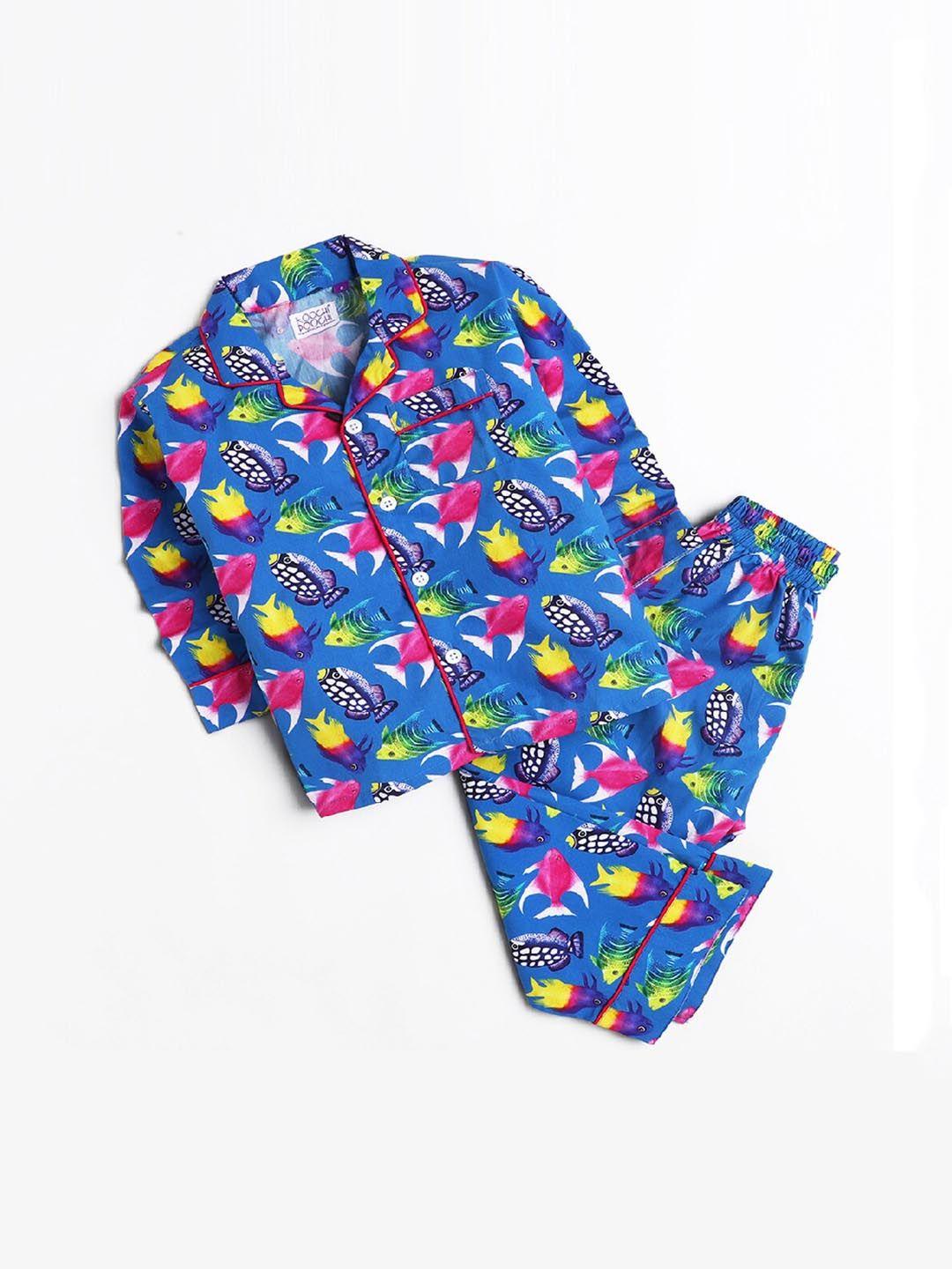 koochi poochi unisex kids blue & pink printed night suit