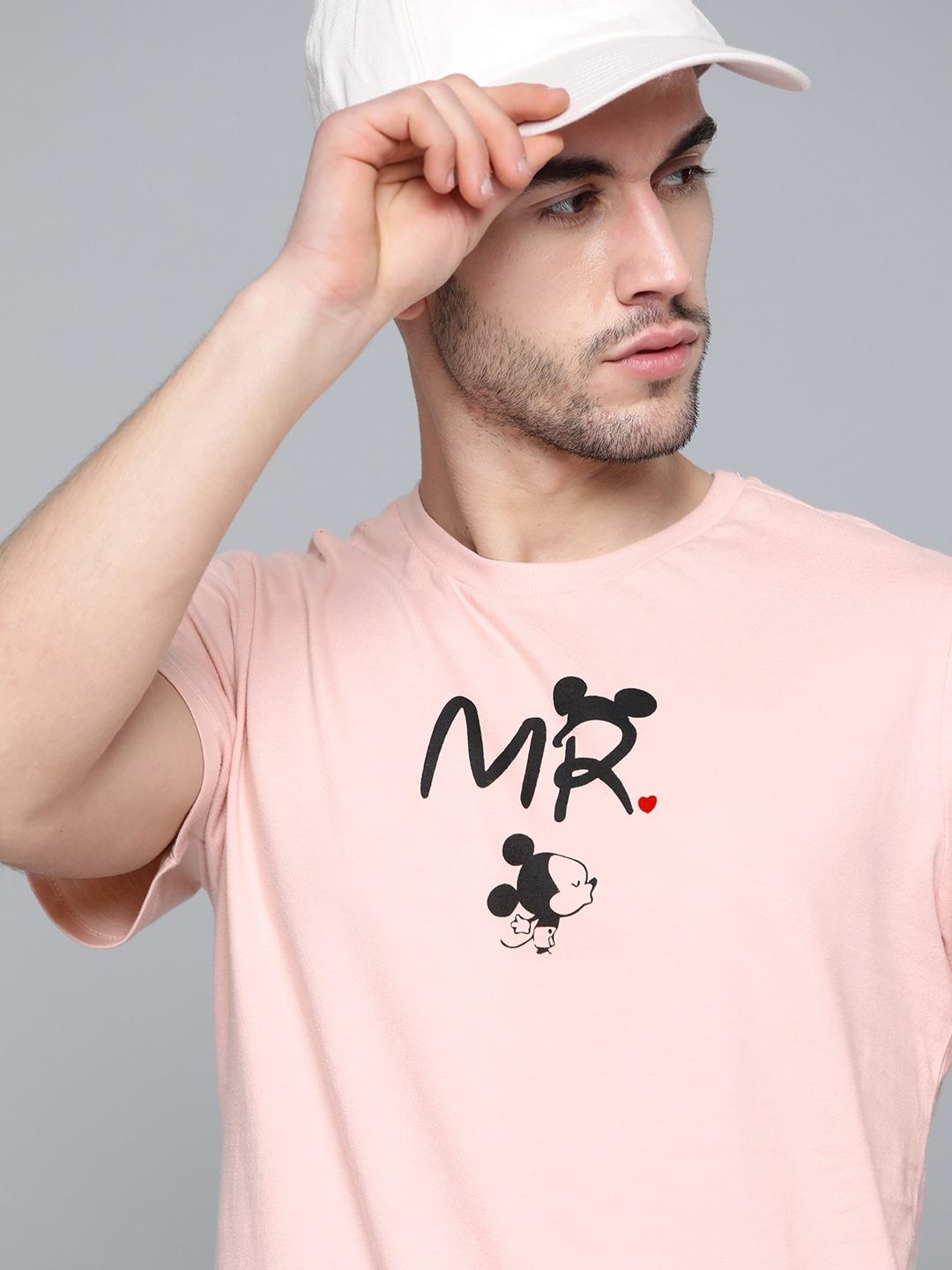 kook n keech disney men pink  black  mickey mouse print round neck pure cotton t-shirt