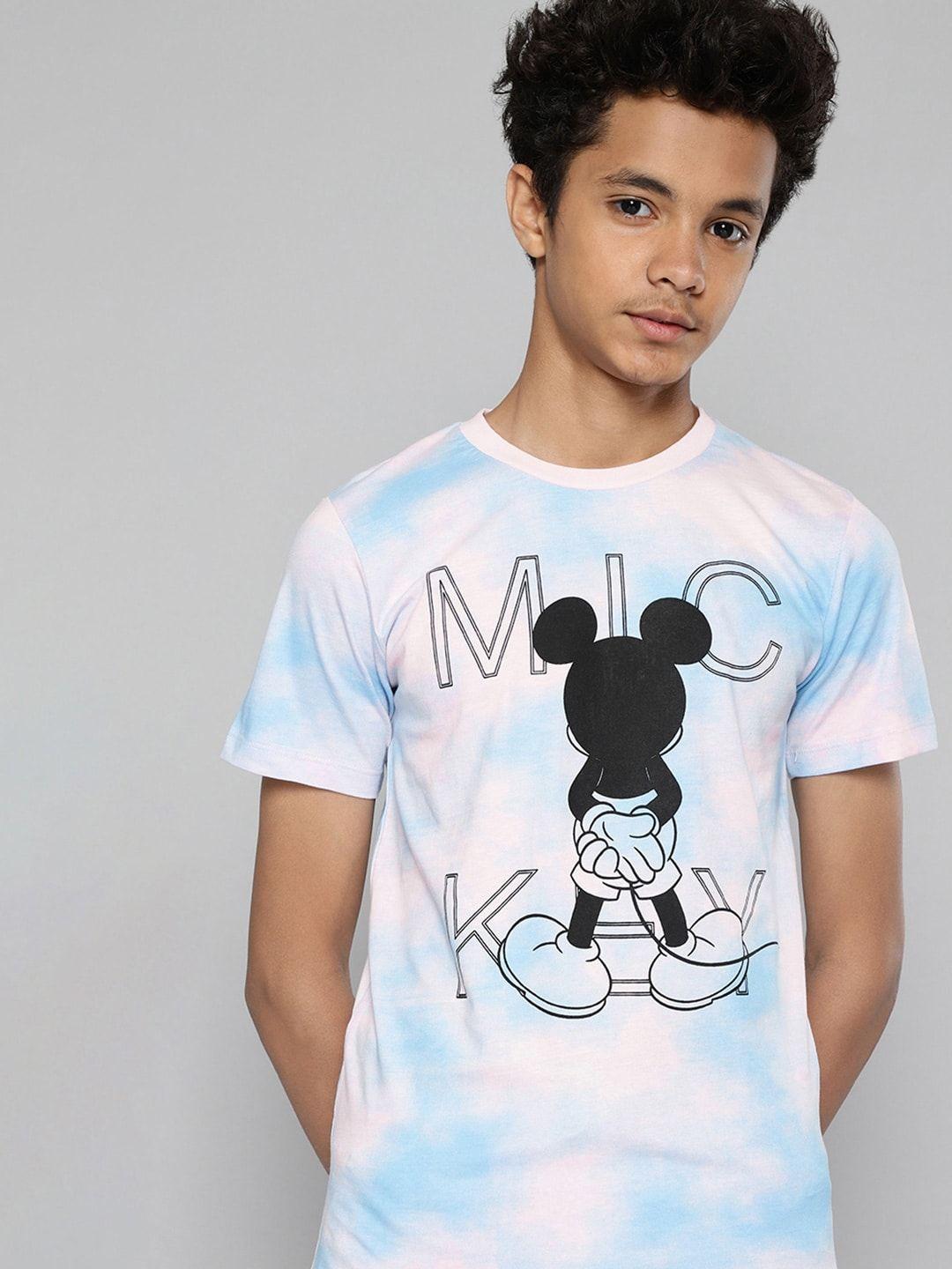 kook n keech disney teens boys pink & blue cotton mickey mouse print & tie-dye t-shirt