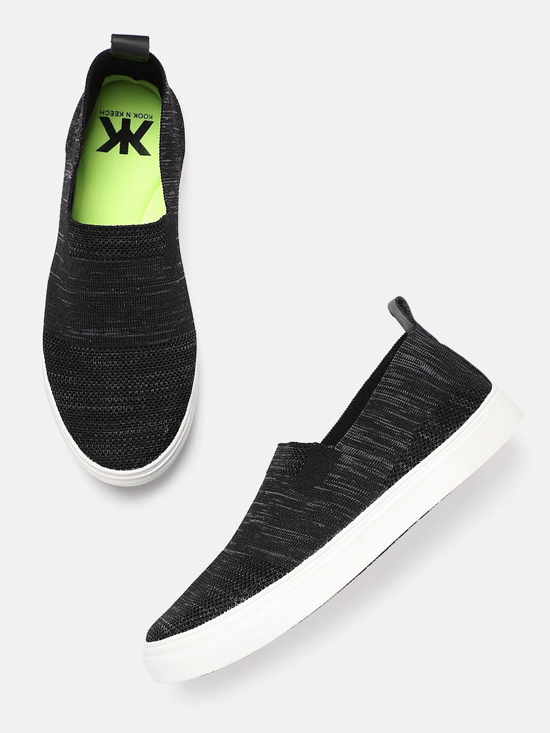 kook n keech men black & grey woven design slip-on sneakers