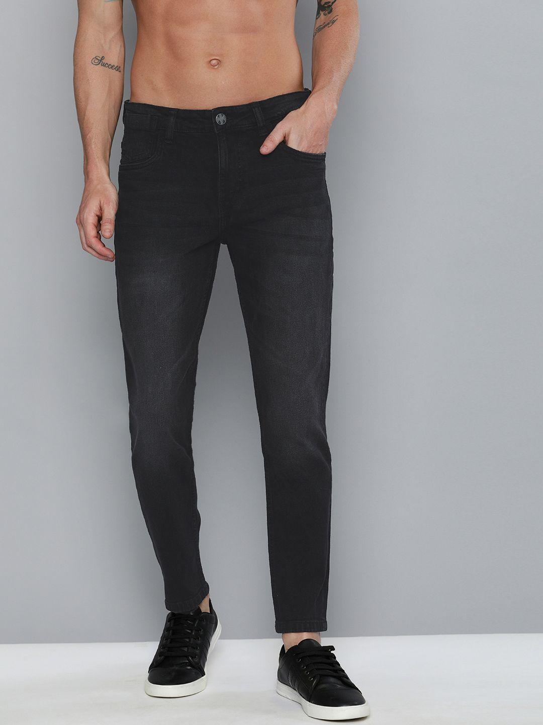 kook n keech men black tapered fit mid-rise clean look stretchable jeans