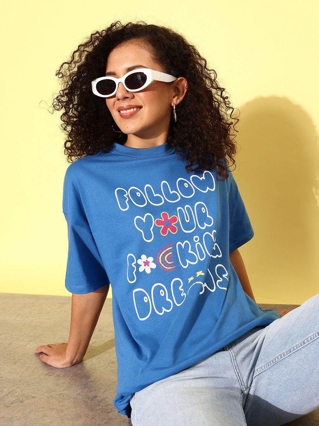 kook n keech ocean blue poster graphics drop-shoulder sleeves pure cotton t-shirt