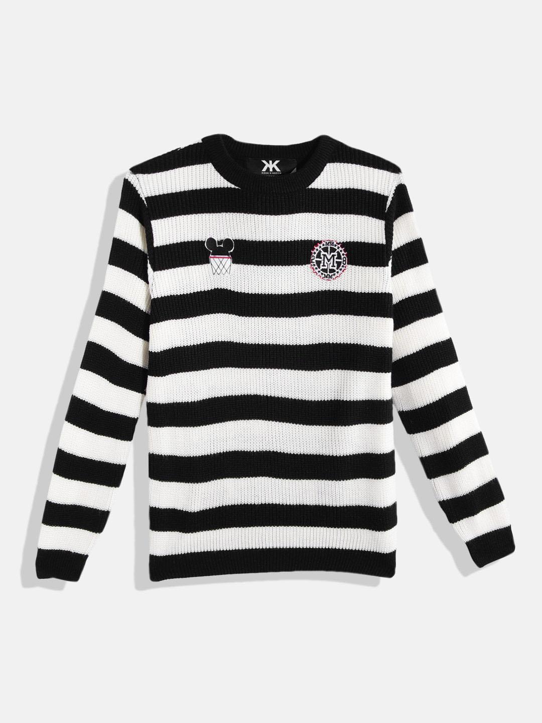 kook n keech teens boys black & off white striped pullover with mickey mouse applique
