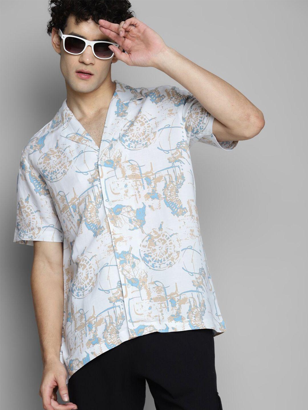 kook n keech white classic boxy fit abstract printed casual pure linen shirt
