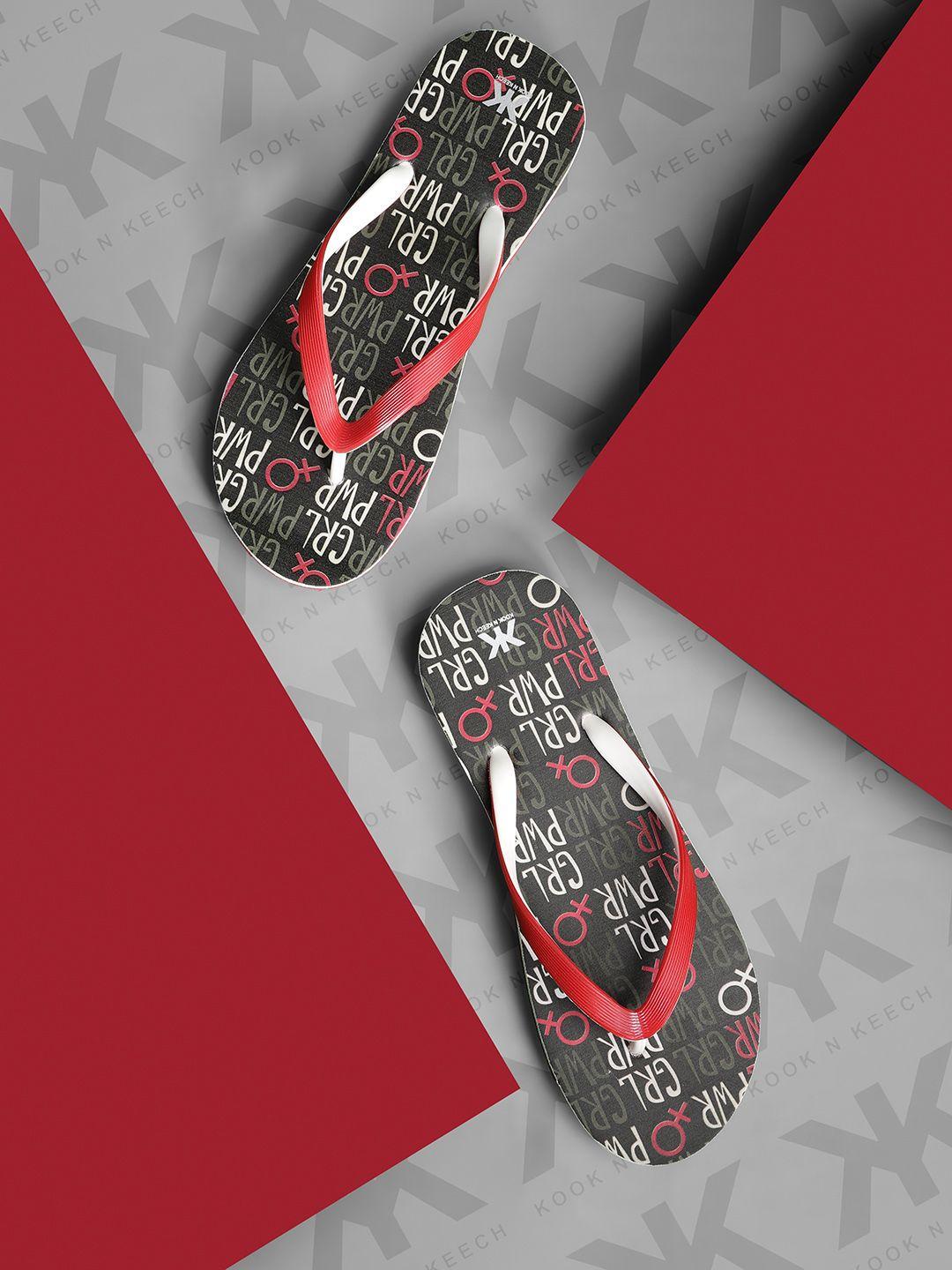 kook n keech women red & charcoal grey printed thong flip-flops