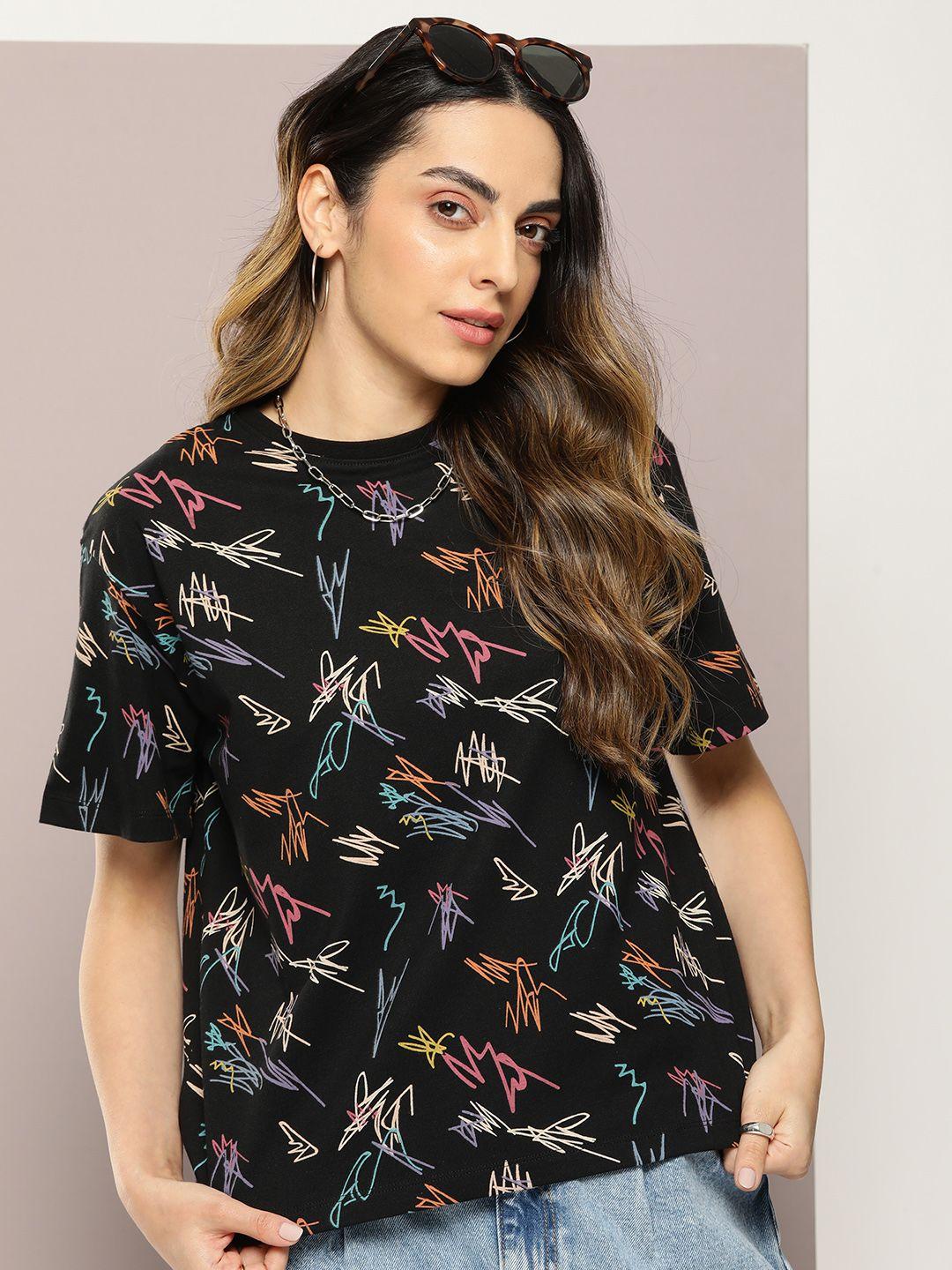 kook n keech abstract printed drop-shoulder sleeves t-shirt