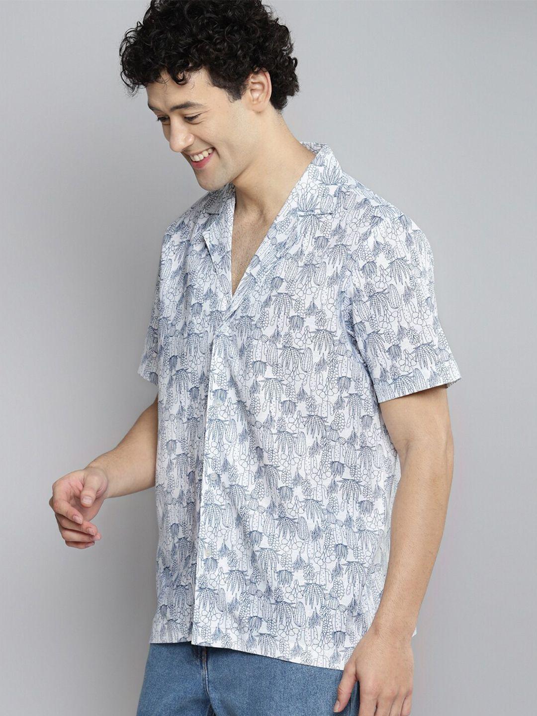 kook n keech blue classic fit boxy floral printed casual pure linen shirt