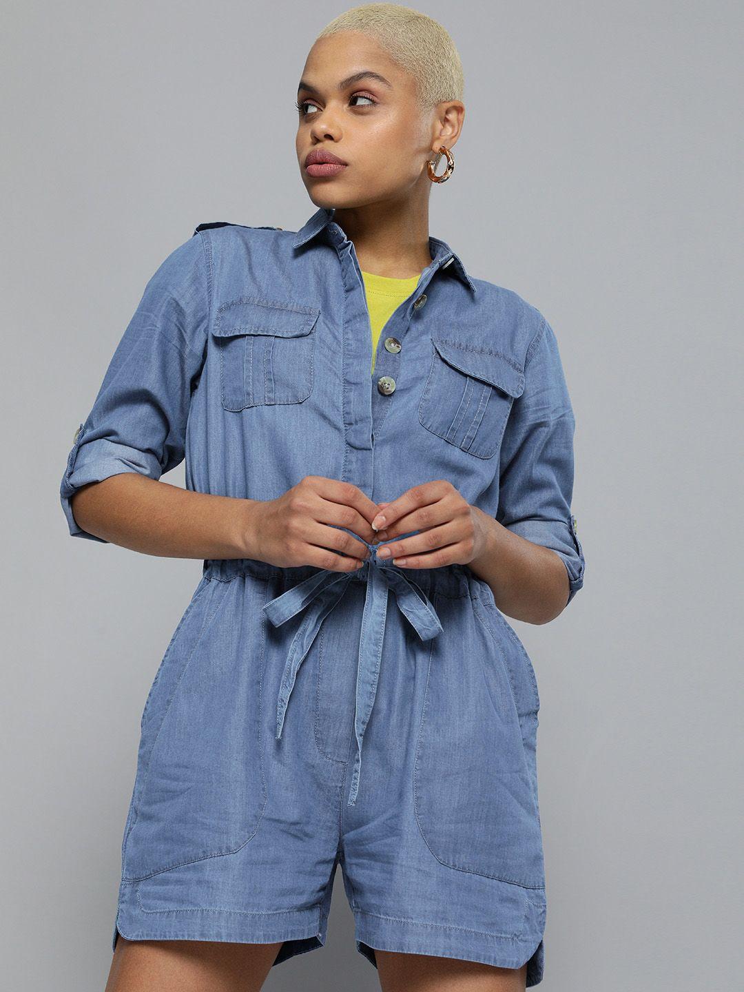 kook n keech blue jumpsuit with pockets and waist tie-up
