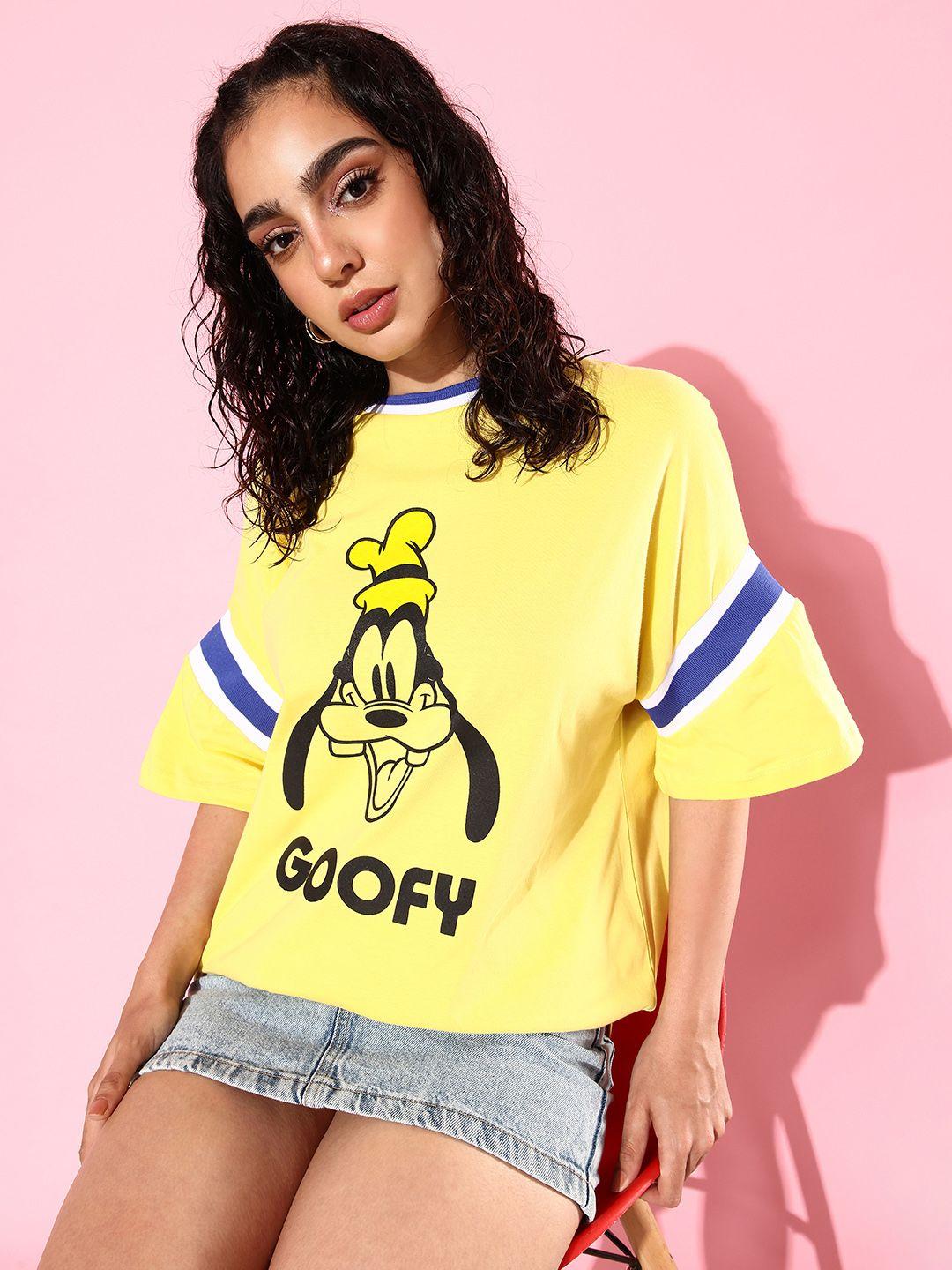 kook n keech disney bright yellow goofy print pure cotton vacay chill graphic high t-shirt