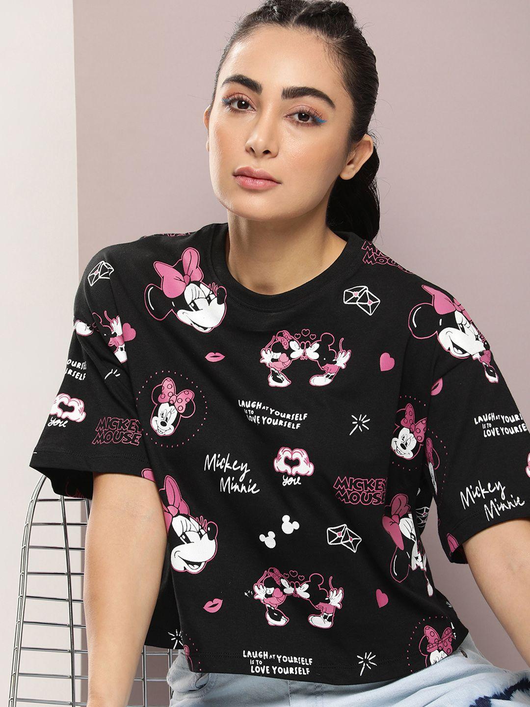 kook n keech disney mickey & minnie printed drop-shoulder sleeves pure cotton t-shirt