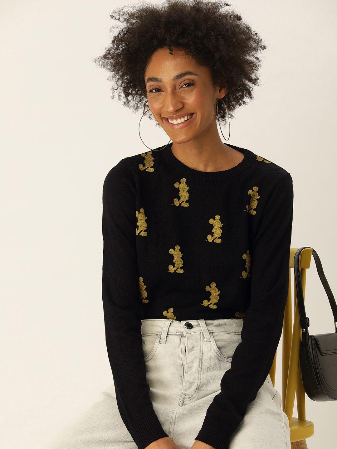 kook n keech disney women black & gold-toned mickey mouse printed pullover sweater