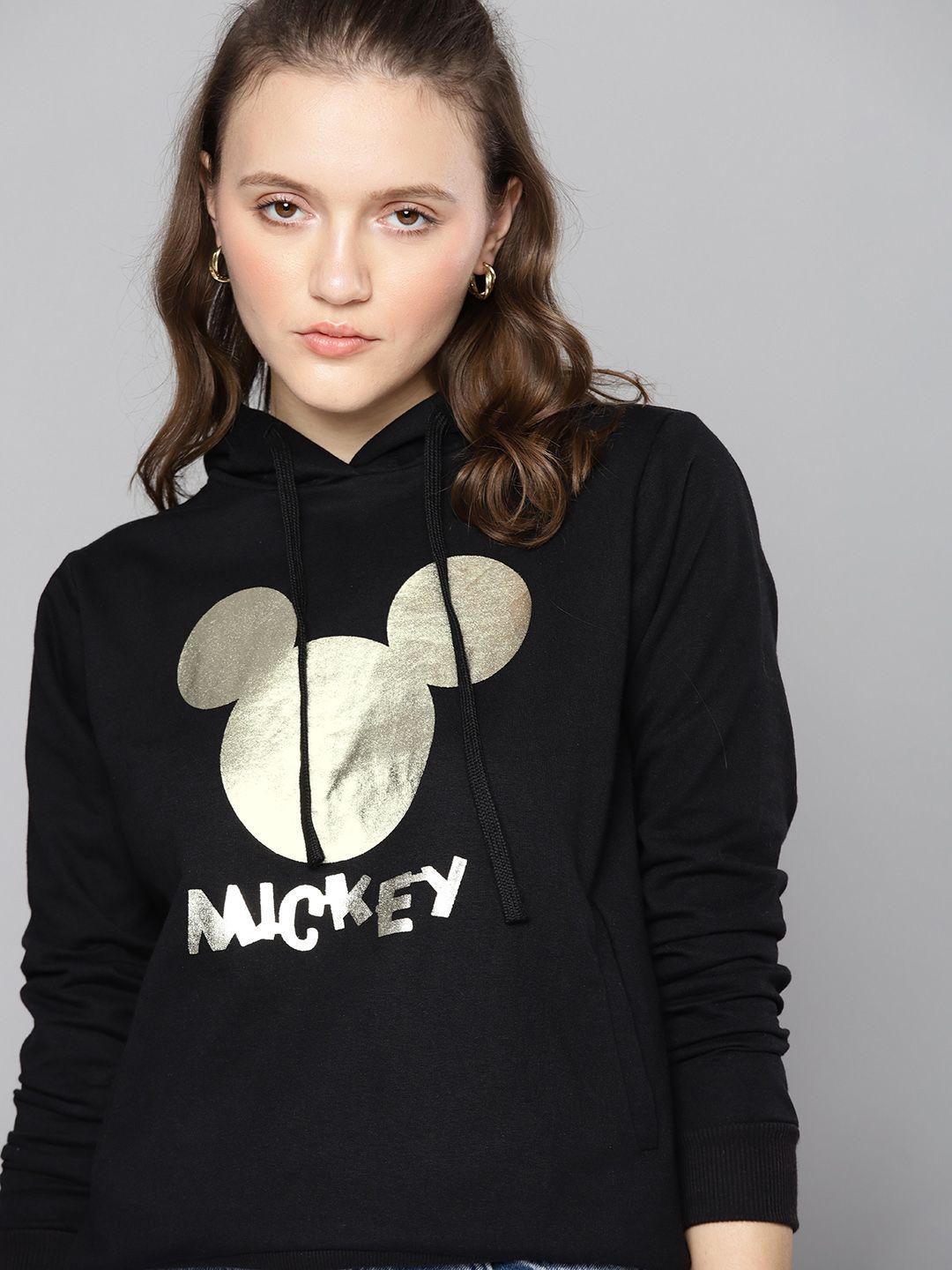 kook n keech disney women black & golden mickey mouse print hooded sweatshirt