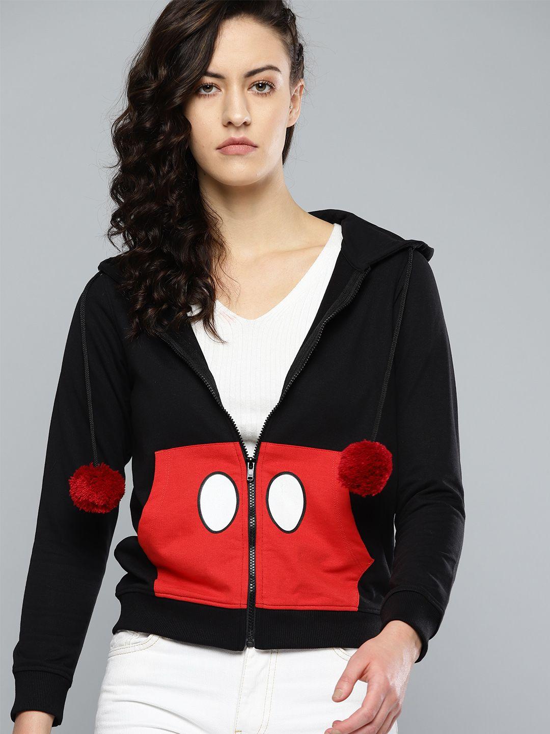 kook n keech disney women black & red printed hooded sweatshirt